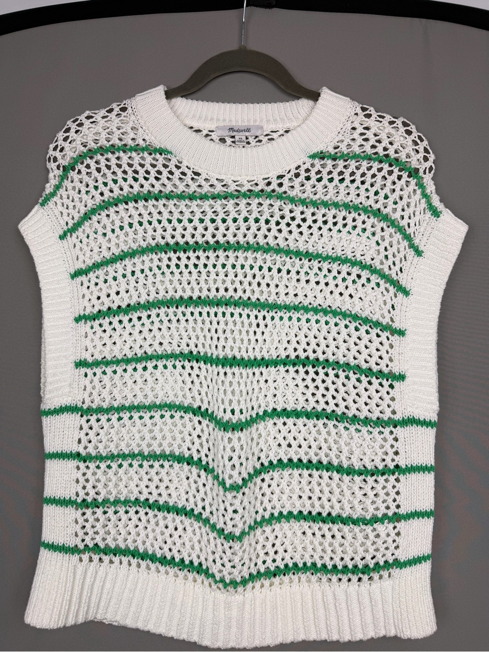 Madewell Cream Open-Knit Crew Sweater with Green Stripes